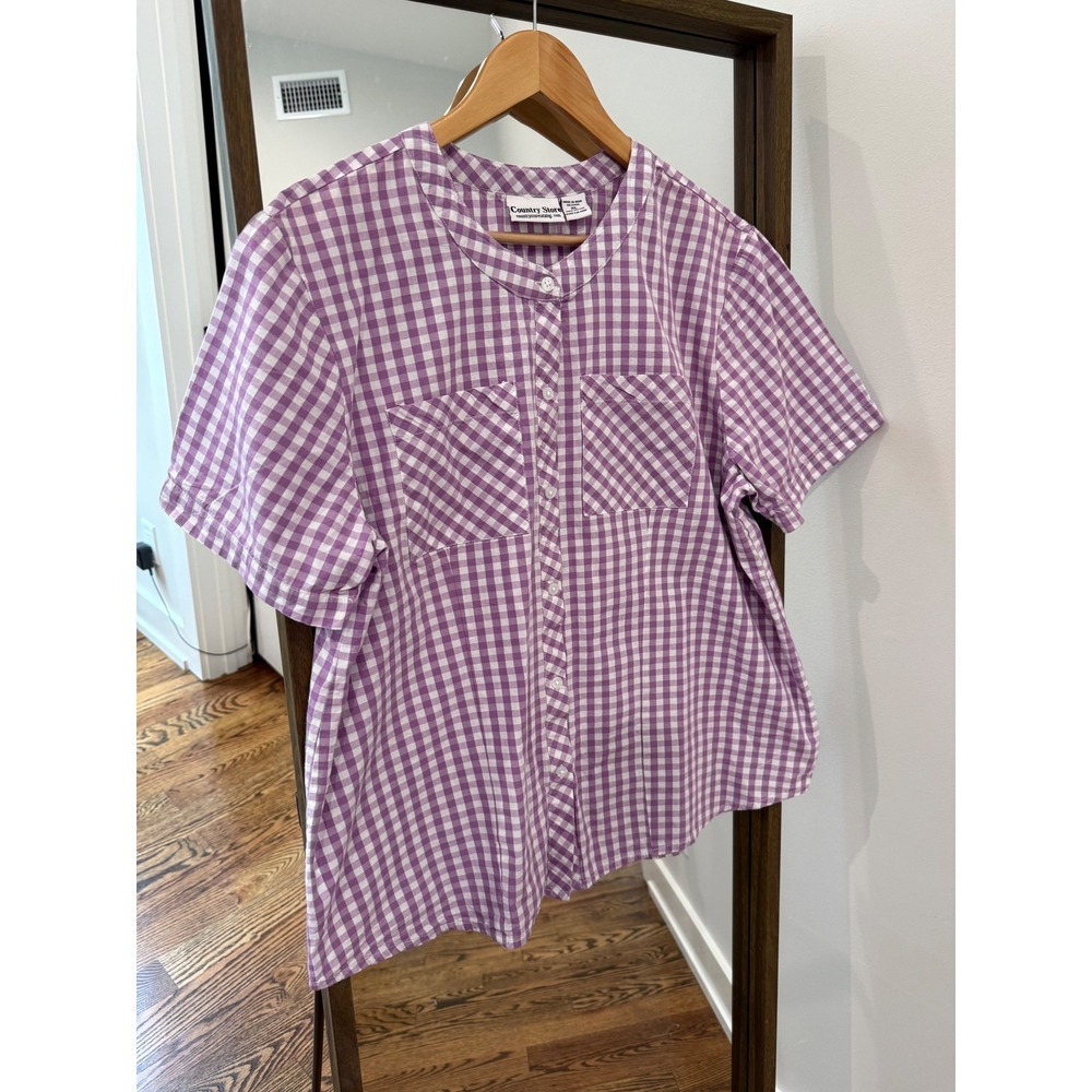 Country Store Womens XL Purple Gingham Cotton Band Collar Short Sleeve Shirt